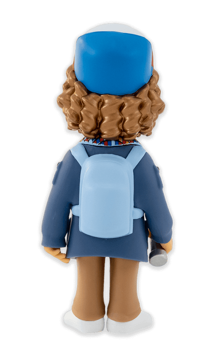 Back view of Minix Stranger Things Dustin Henderson vinyl figure in blue jacket plaid shirt headset holding a yellow flashlight