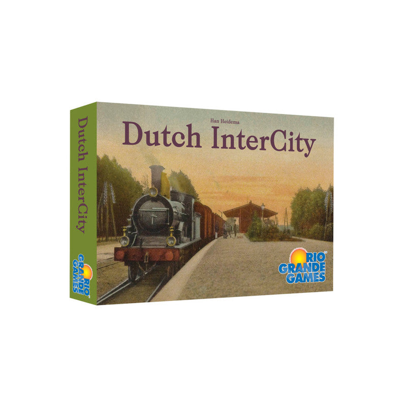 Box for Dutch InterCity board game by Han Heidema featuring an old steam train at a station platform at sunset