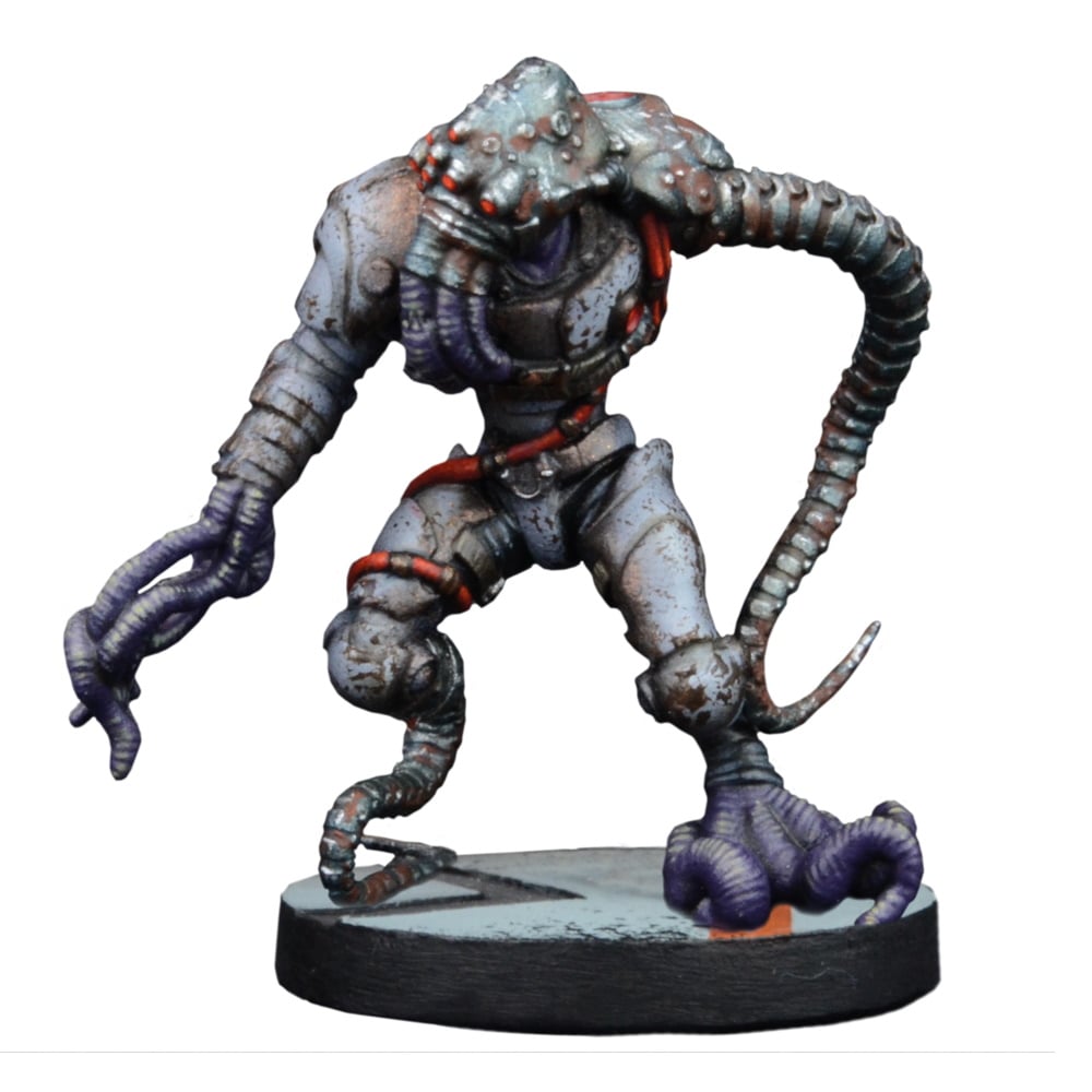 A sci-fi miniature of a bio-mechanical creature with purple tentacles, rusty grey armor, and a bladed arm