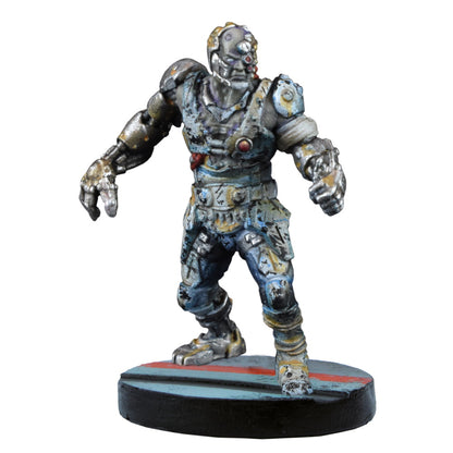 A detailed miniature of a cybernetic zombie-like figure in worn armor, standing on a circular base