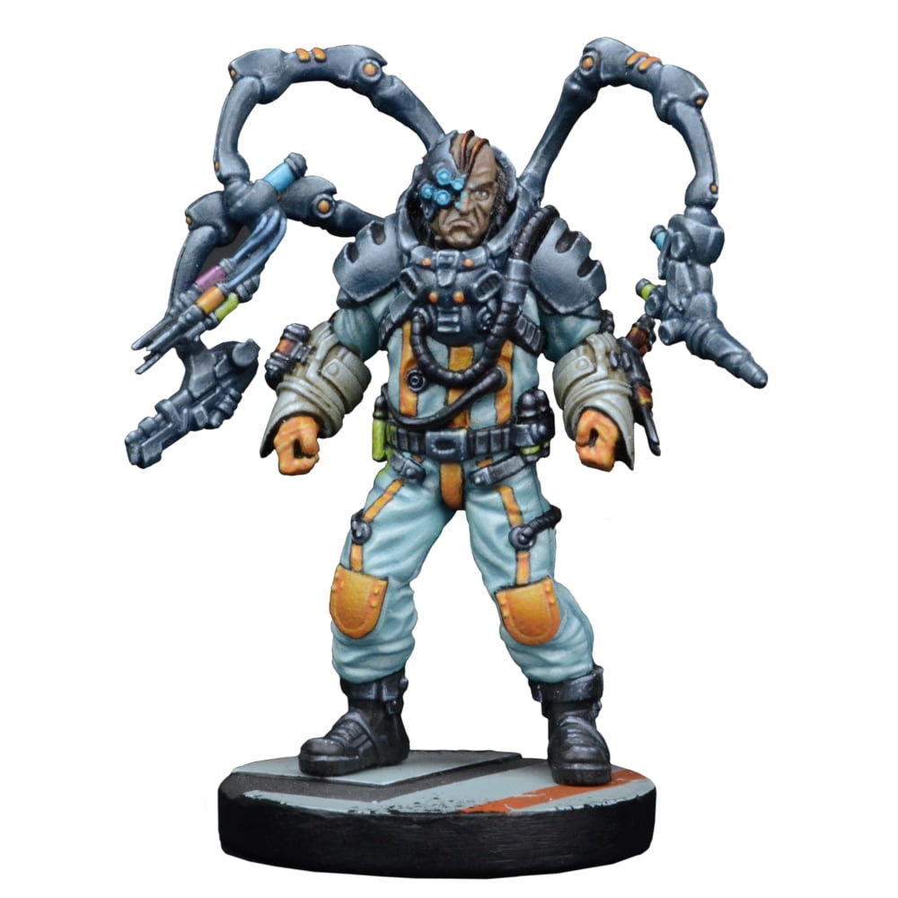 Painted miniature of a cyborg man in a blue jumpsuit, with a cybernetic eye and two multi-jointed robotic arms