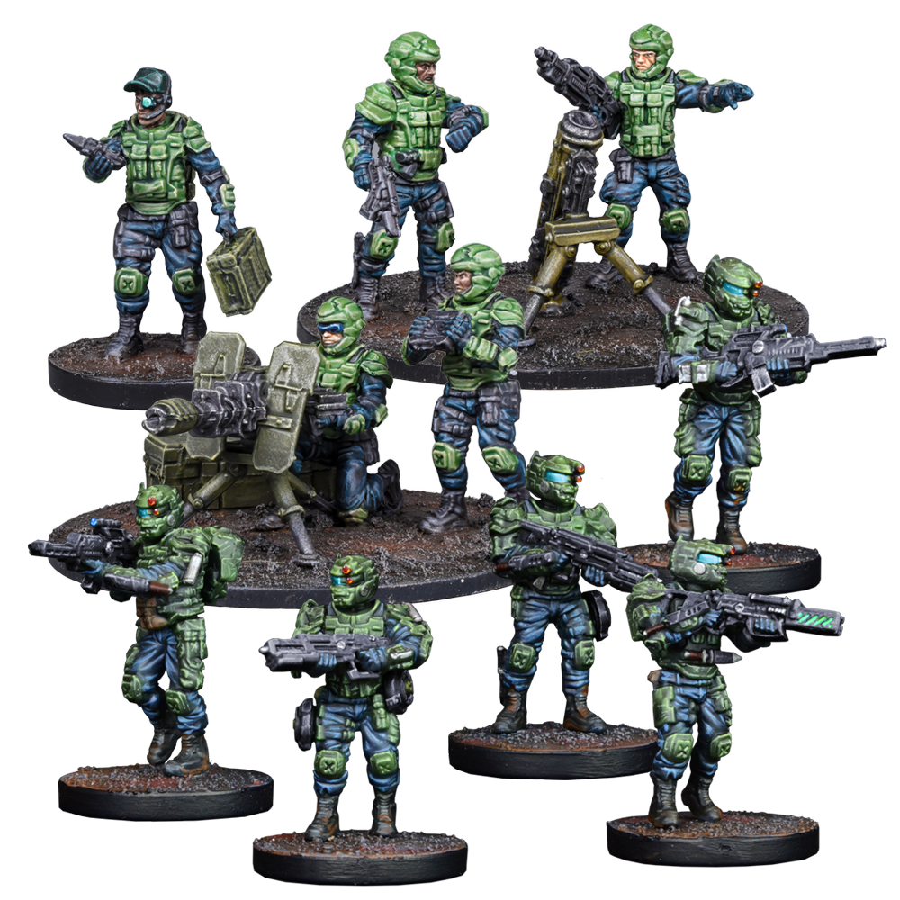 Group of 10 green-armored sci-fi soldier miniatures holding futuristic weapons, one with a heavy tripod gun