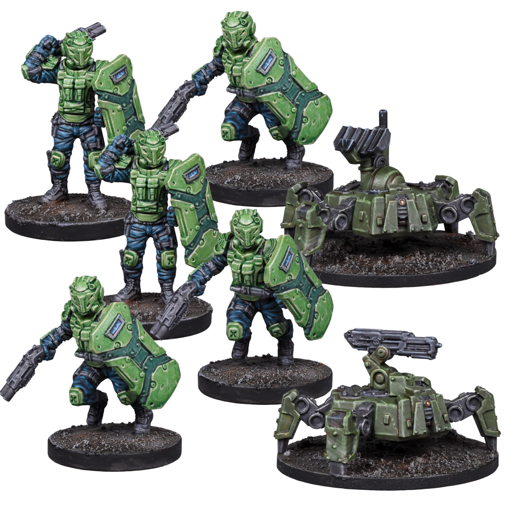 Six sci-fi wargaming miniatures: four green-armored soldiers with shields and two green spider-like drones