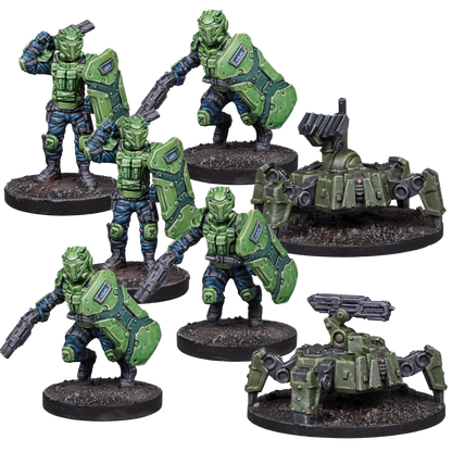 Six sci-fi wargaming miniatures: four green-armored soldiers with shields and two green spider-like drones