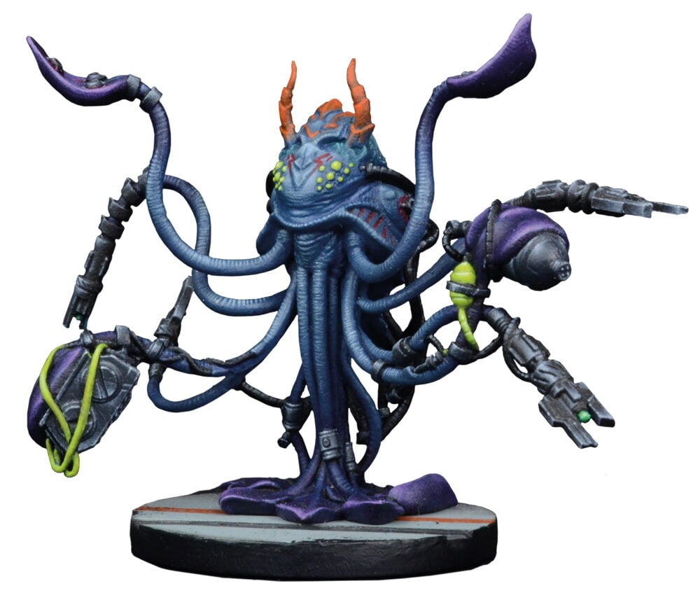 Blue, tentacled sci-fi alien miniature with orange horns, multi-jointed arms holding a blaster and power pack