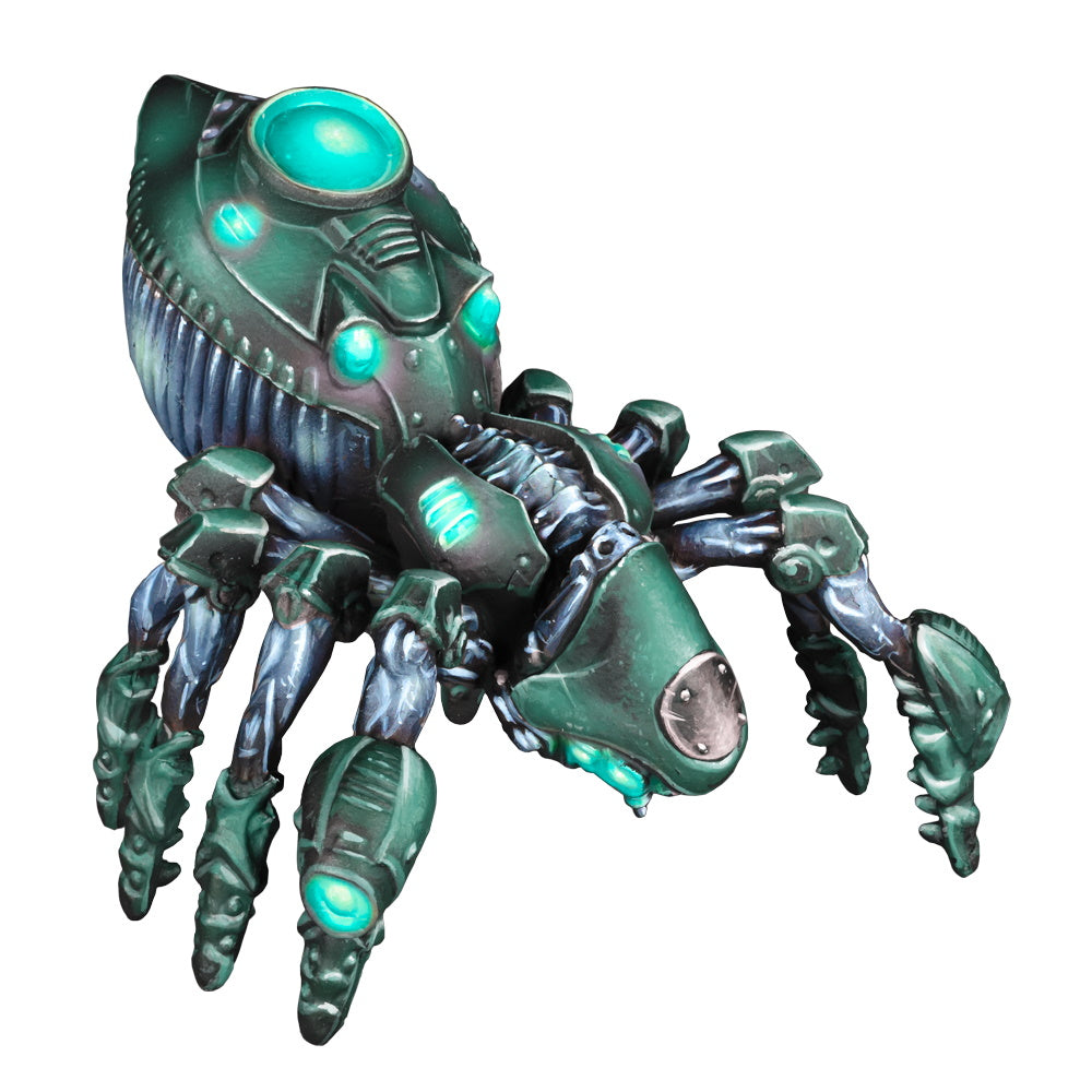 A dark green robotic spider with eight metallic legs, glowing cyan lights, and visible mechanical parts