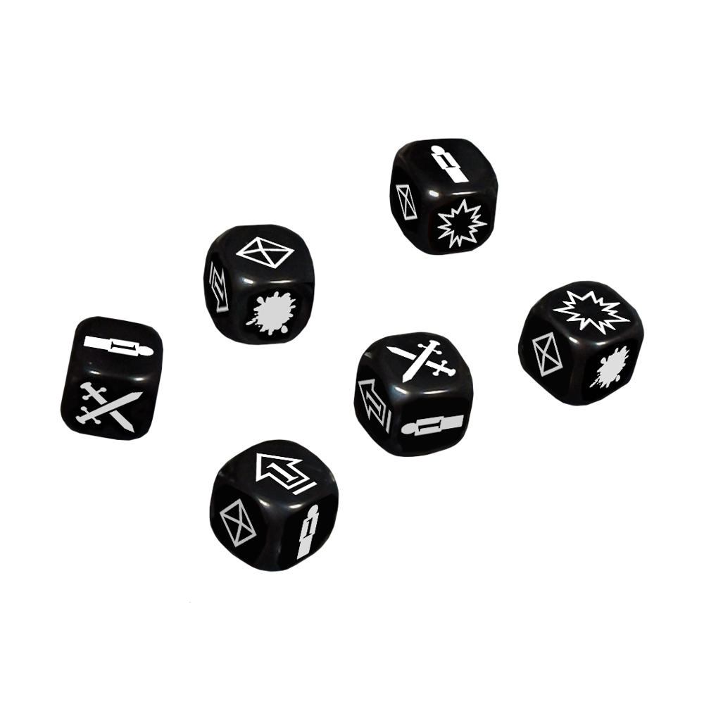 Six black game dice with white symbols like swords, bullets, and explosions, scattered on a black background