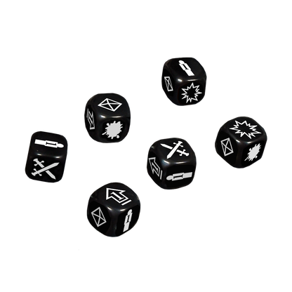 Six black game dice with white symbols like swords, bullets, and explosions, scattered on a black background