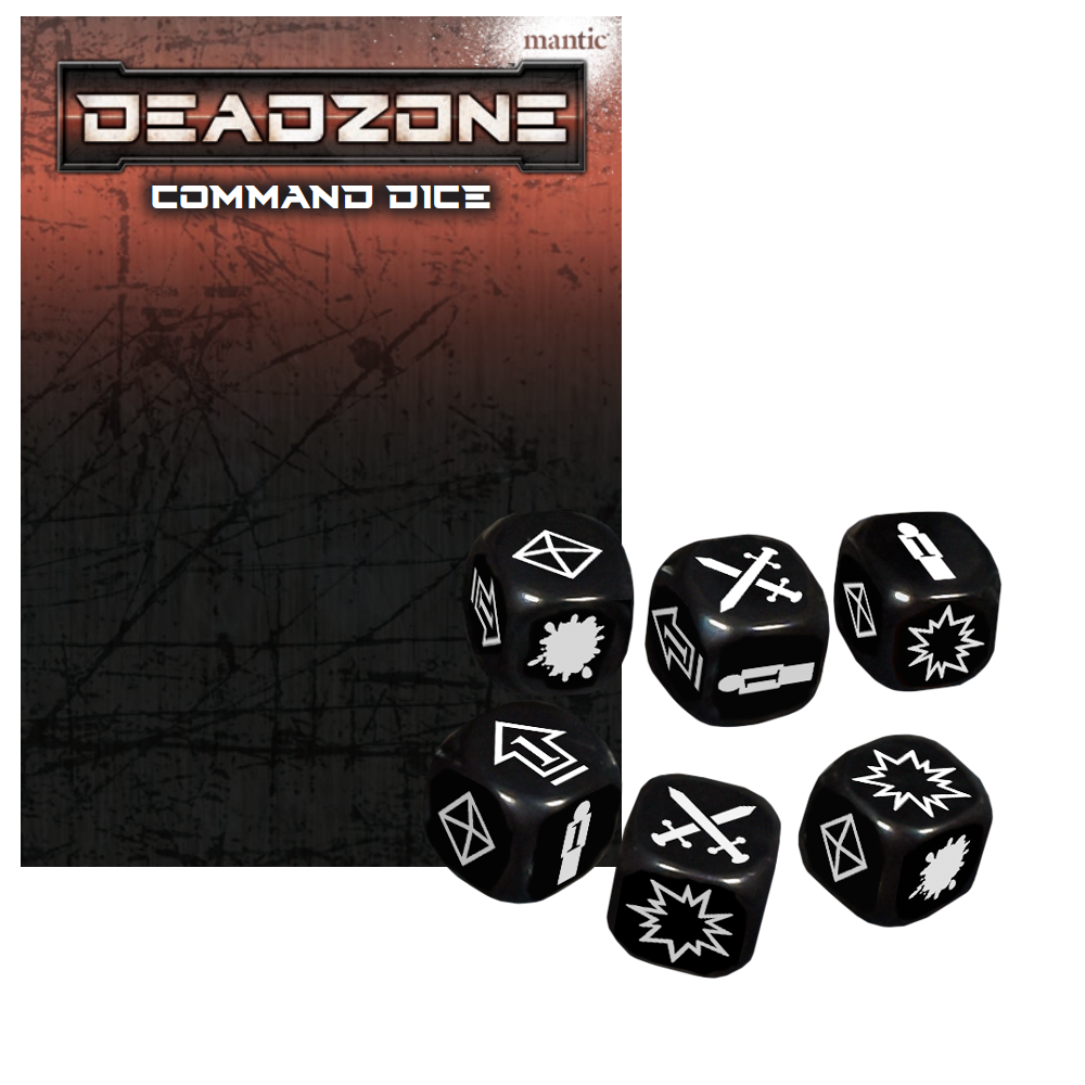 Six black Deadzone Command Dice with various white symbols like swords, explosions, and envelopes