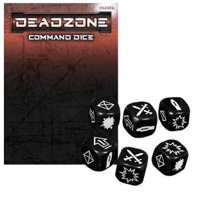 Six black Deadzone Command Dice with various white symbols like swords, explosions, and envelopes