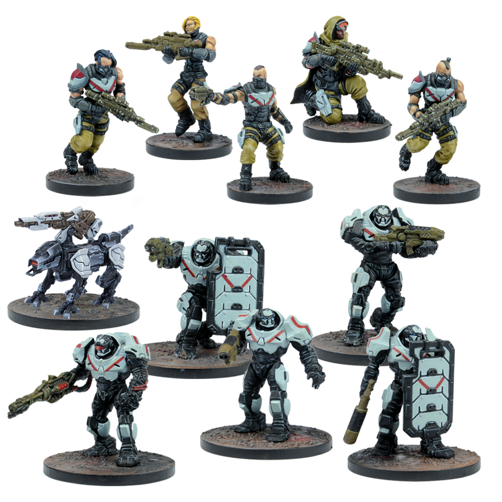 Detailed sci-fi wargaming miniatures: human soldiers, armored power suits, and a quad-legged robot