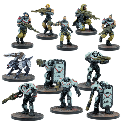 Detailed sci-fi wargaming miniatures: human soldiers, armored power suits, and a quad-legged robot
