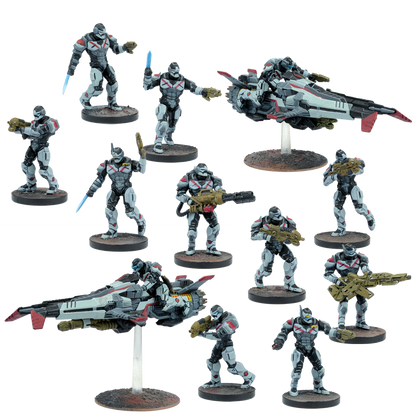 A set of futuristic wargaming miniatures: grey and white armored soldiers with weapons and two hoverbikes
