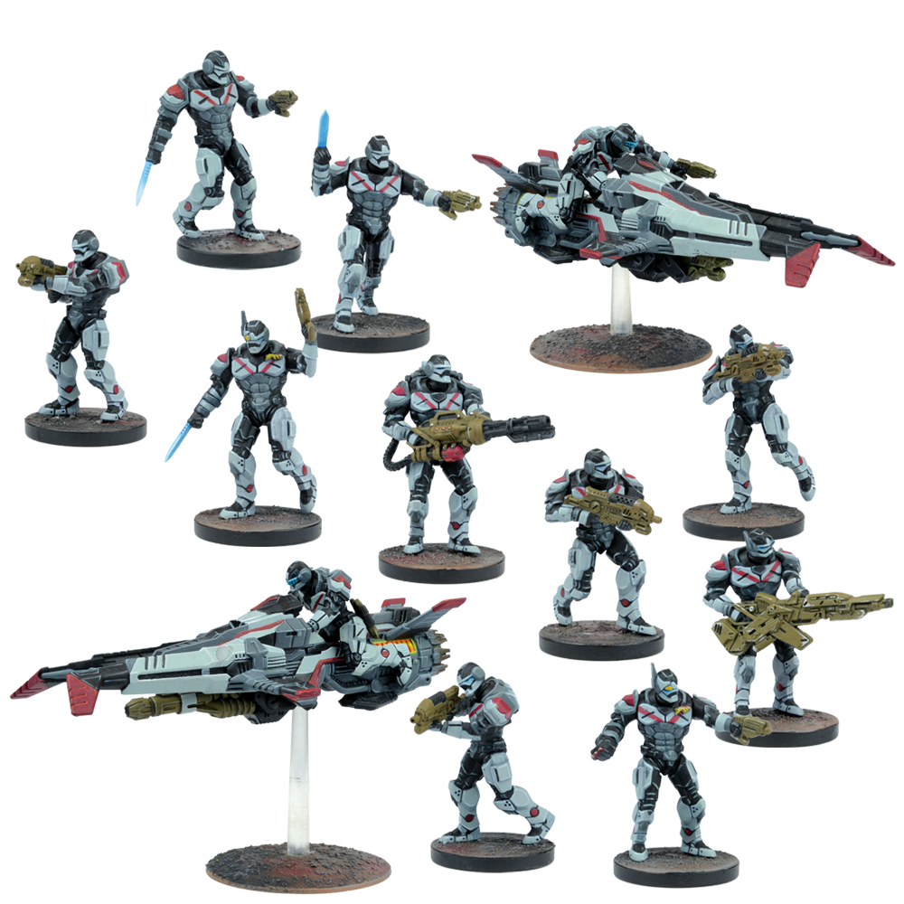 A set of futuristic wargaming miniatures: grey and white armored soldiers with weapons and two hoverbikes