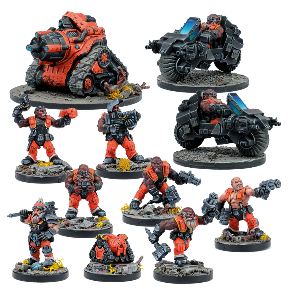 Tabletop miniatures: armed dwarf warriors in orange & black, two motorcycles, and an orange tank