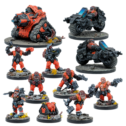 Tabletop miniatures: armed dwarf warriors in orange & black, two motorcycles, and an orange tank