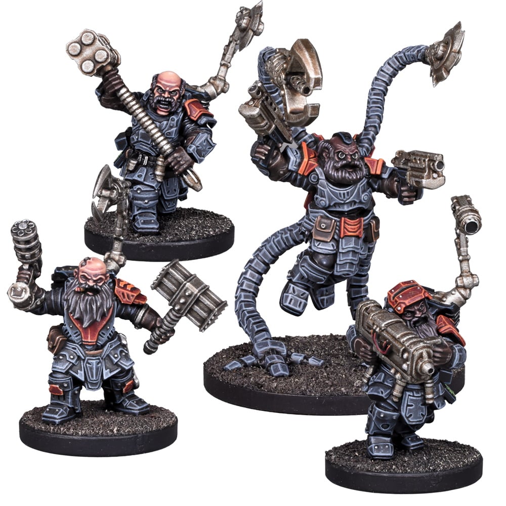 Four armored sci-fi dwarven miniatures with various weapons including hammers, axes, and guns, One features robotic arms
