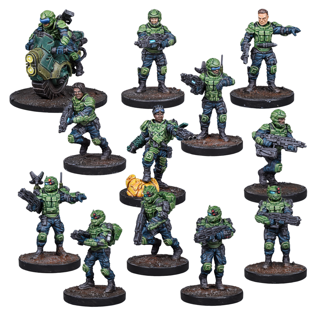 Twelve miniature sci-fi soldiers in green & blue armor, armed with futuristic weapons, One rides a bike