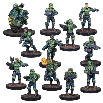 Twelve miniature sci-fi soldiers in green & blue armor, armed with futuristic weapons, One rides a bike