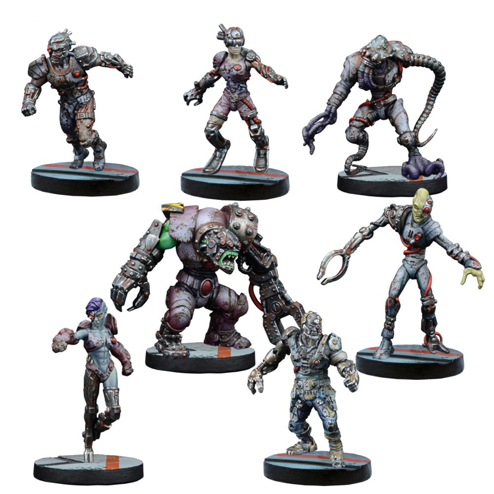 A collection of seven weathered, mutated, and cyborg miniature figures in various action poses on individual bases