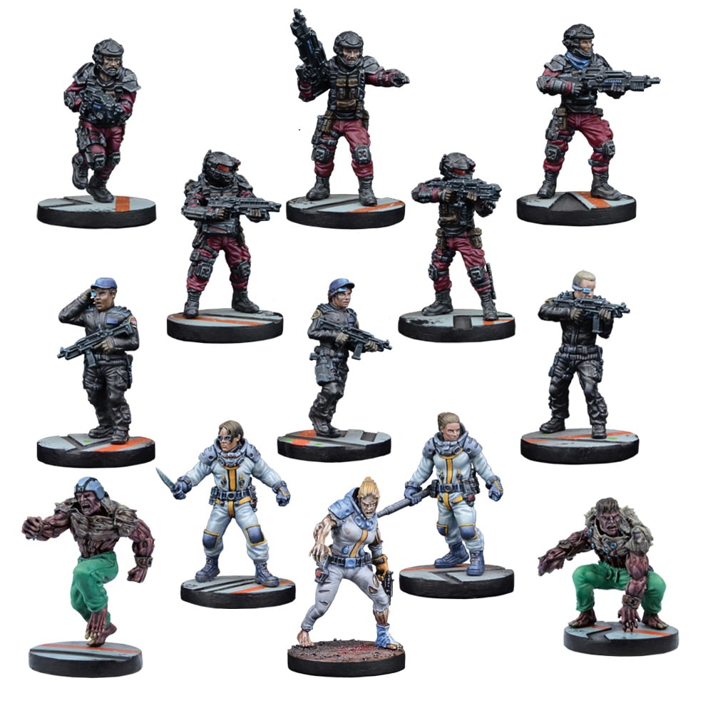 Twelve painted tabletop miniatures: futuristic soldiers, civilians in suits, and two monstrous figures
