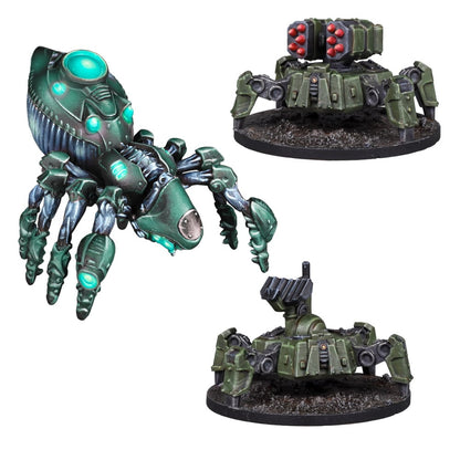 A large green robotic spider with glowing lights stands beside two smaller olive-green four-legged turret models, one with missiles