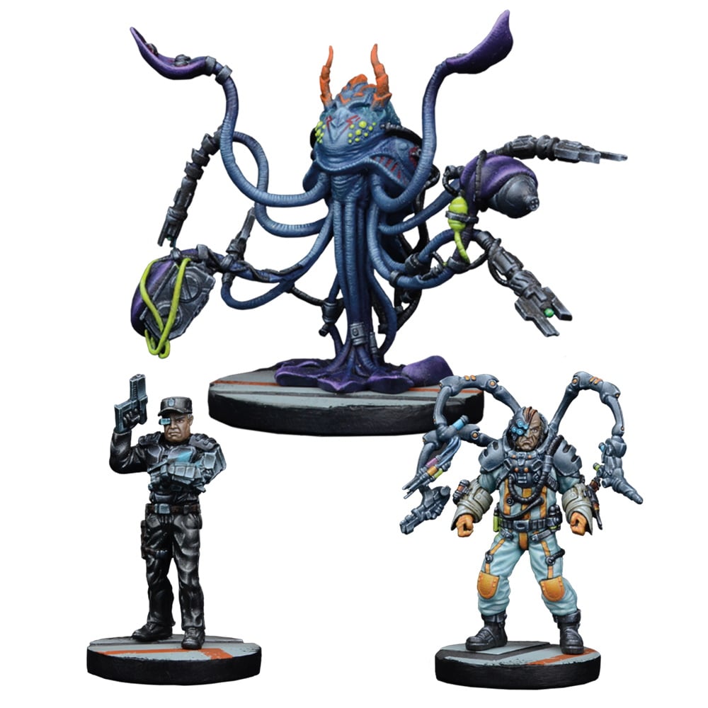 Collection of painted sci-fi miniatures: A large blue alien with tech tentacles, a soldier with a pistol, and an armored cyborg