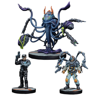Collection of painted sci-fi miniatures: A large blue alien with tech tentacles, a soldier with a pistol, and an armored cyborg