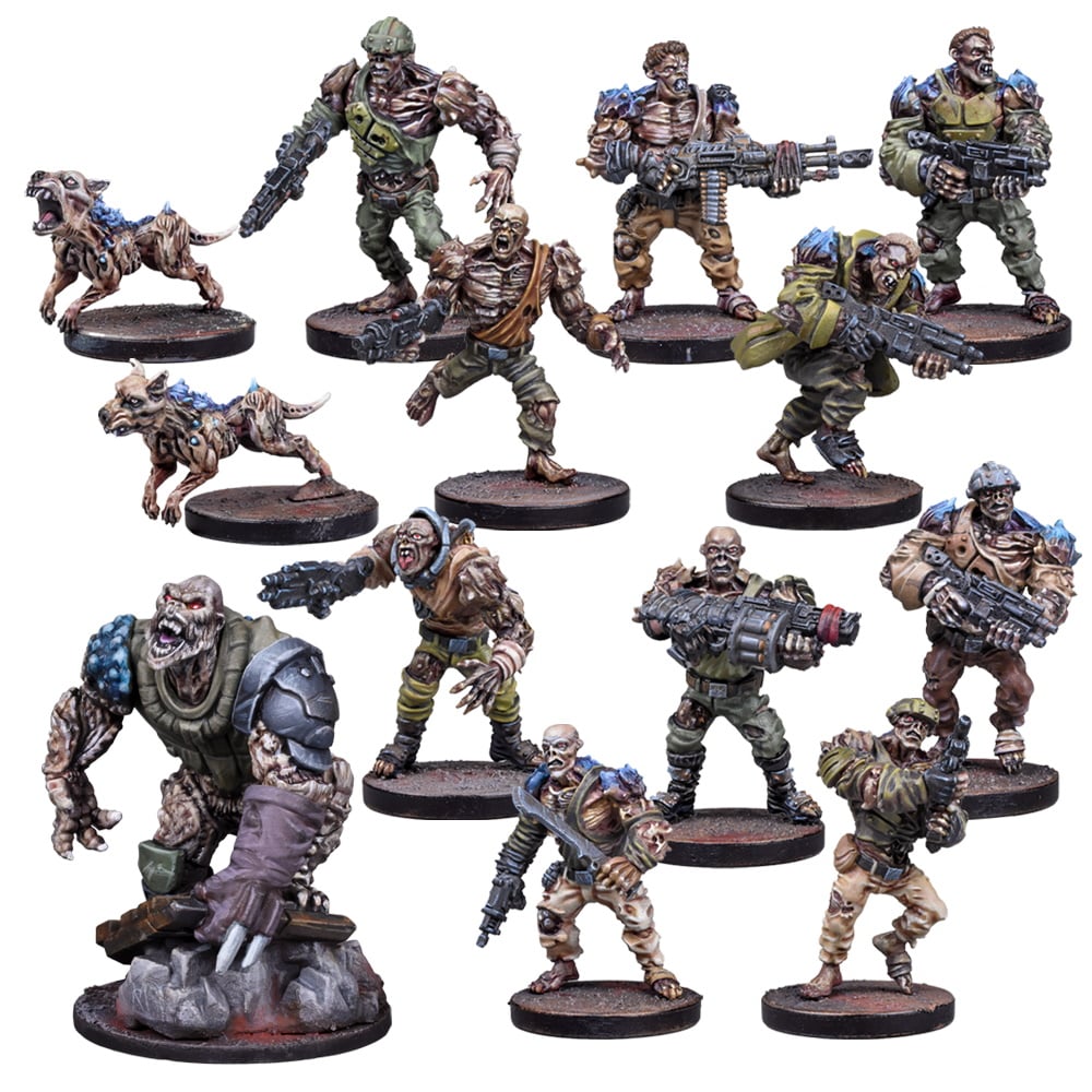 Painted miniature figures of armed zombies, mutants, and two zombie dogs on bases
