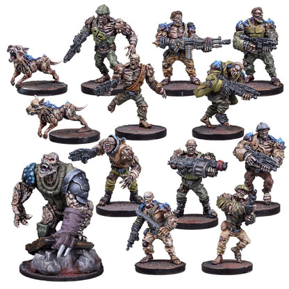 Painted miniature figures of armed zombies, mutants, and two zombie dogs on bases