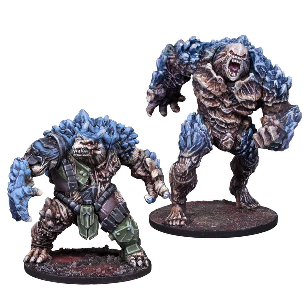Two detailed monster miniatures with blue rock skin, One wears armor, the other stands roaring with red eyes