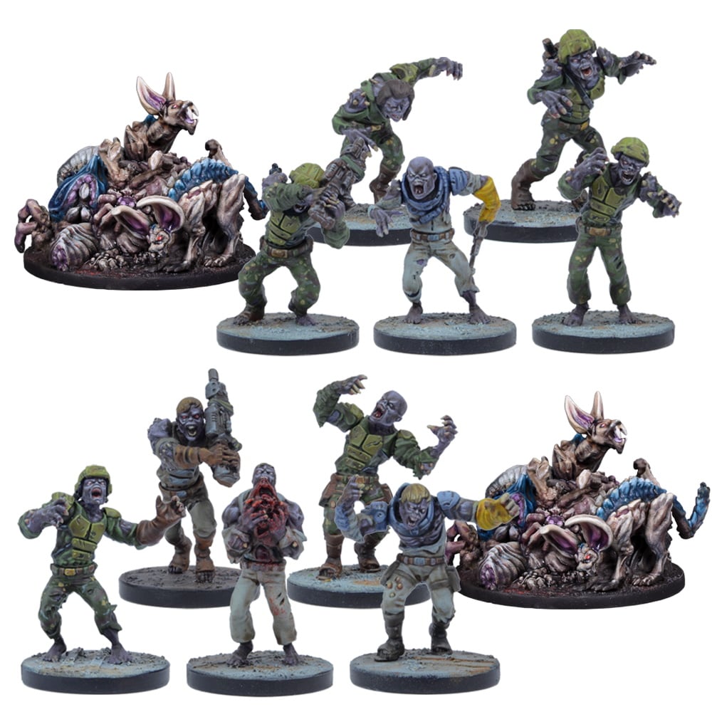 Painted tabletop miniatures: various zombies in military gear and aggressive poses, plus two large mutated creature piles