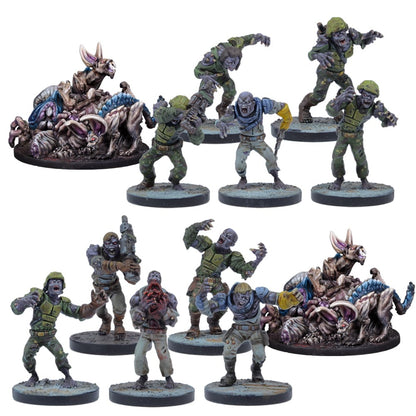 Painted tabletop miniatures: various zombies in military gear and aggressive poses, plus two large mutated creature piles