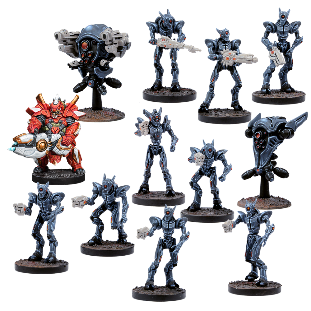 A collection of sci-fi miniature figures: a large red warrior, multiple gray robots, and two dark drones
