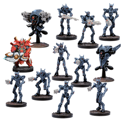 A collection of sci-fi miniature figures: a large red warrior, multiple gray robots, and two dark drones