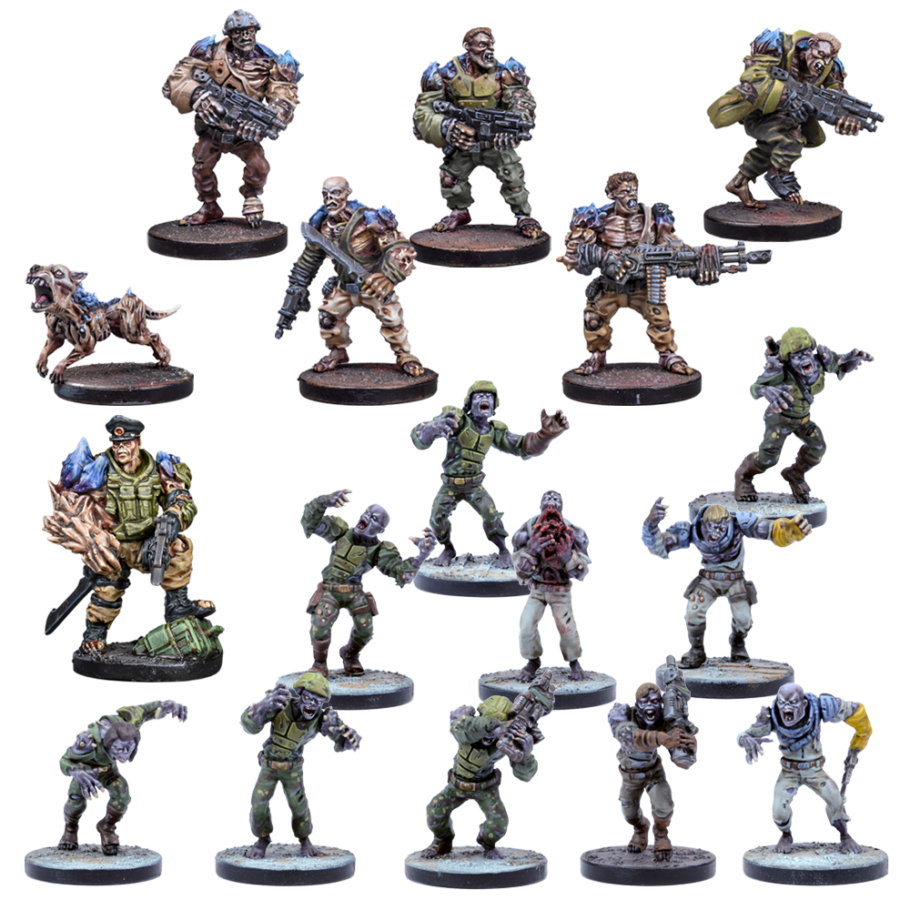 A grid of sci-fi horror miniature figures: armed mutated soldiers, diverse zombies, and a zombie dog