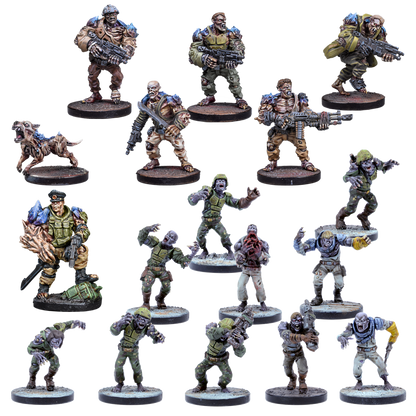 A grid of sci-fi horror miniature figures: armed mutated soldiers, diverse zombies, and a zombie dog