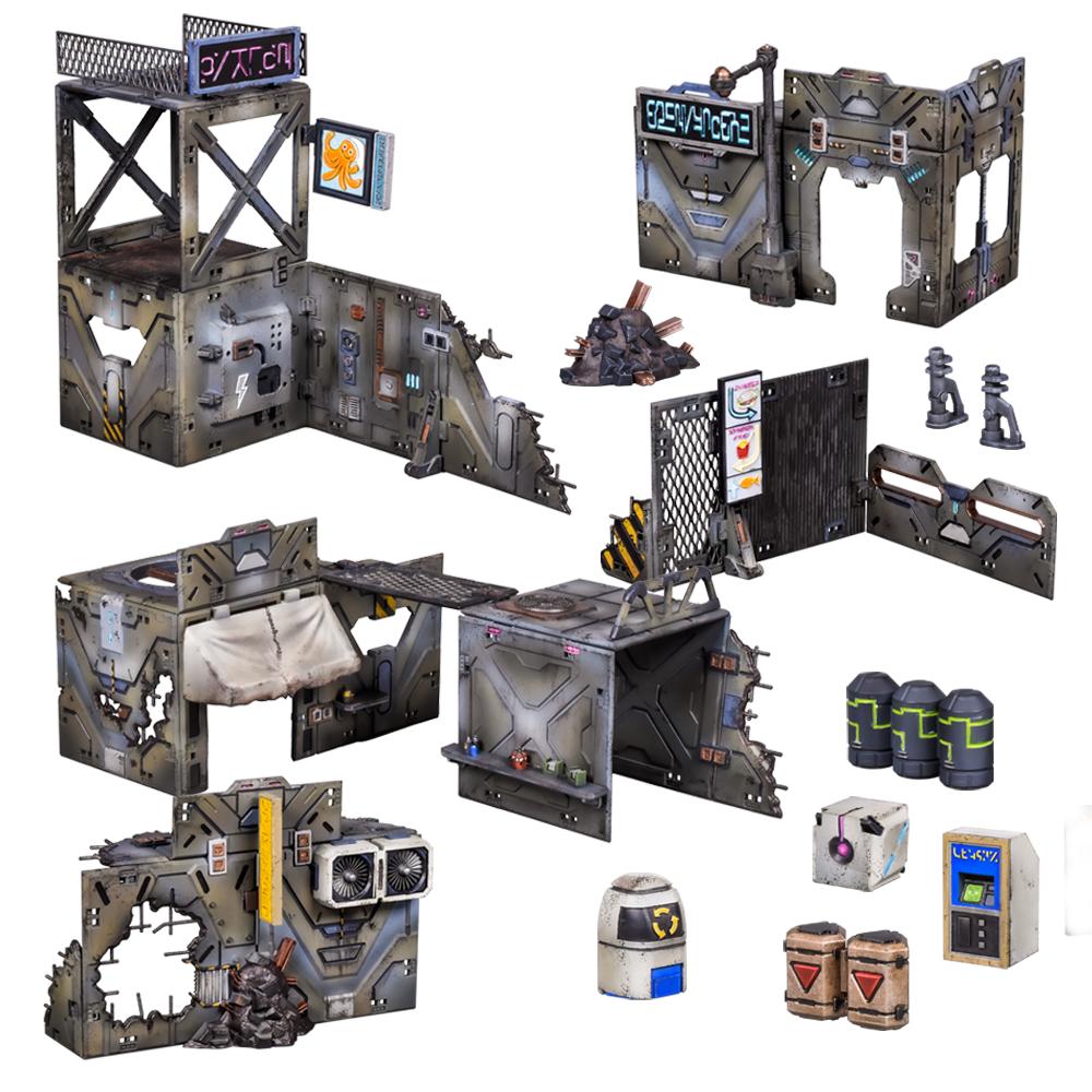 A set of futuristic, modular terrain pieces for tabletop games, featuring weathered buildings, platforms, signs, and props
