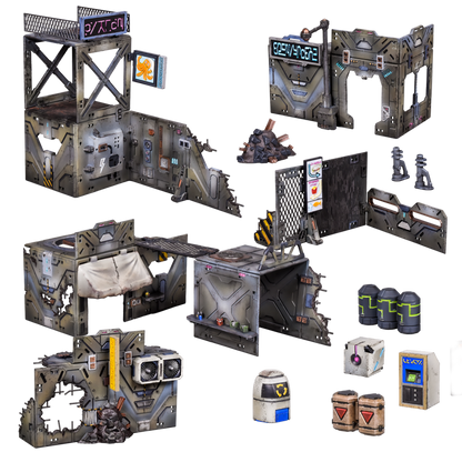 A set of futuristic, modular terrain pieces for tabletop games, featuring weathered buildings, platforms, signs, and props