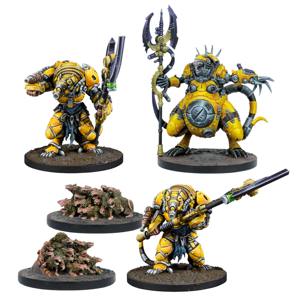 Three yellow cyborg rat miniatures wielding weapons, and two bases of brown rat swarms