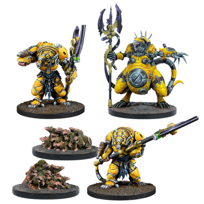 Three yellow cyborg rat miniatures wielding weapons, and two bases of brown rat swarms