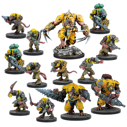 Yellow-armored rat-like miniature figures, including a large clawed creature, and smaller ones with industrial tools