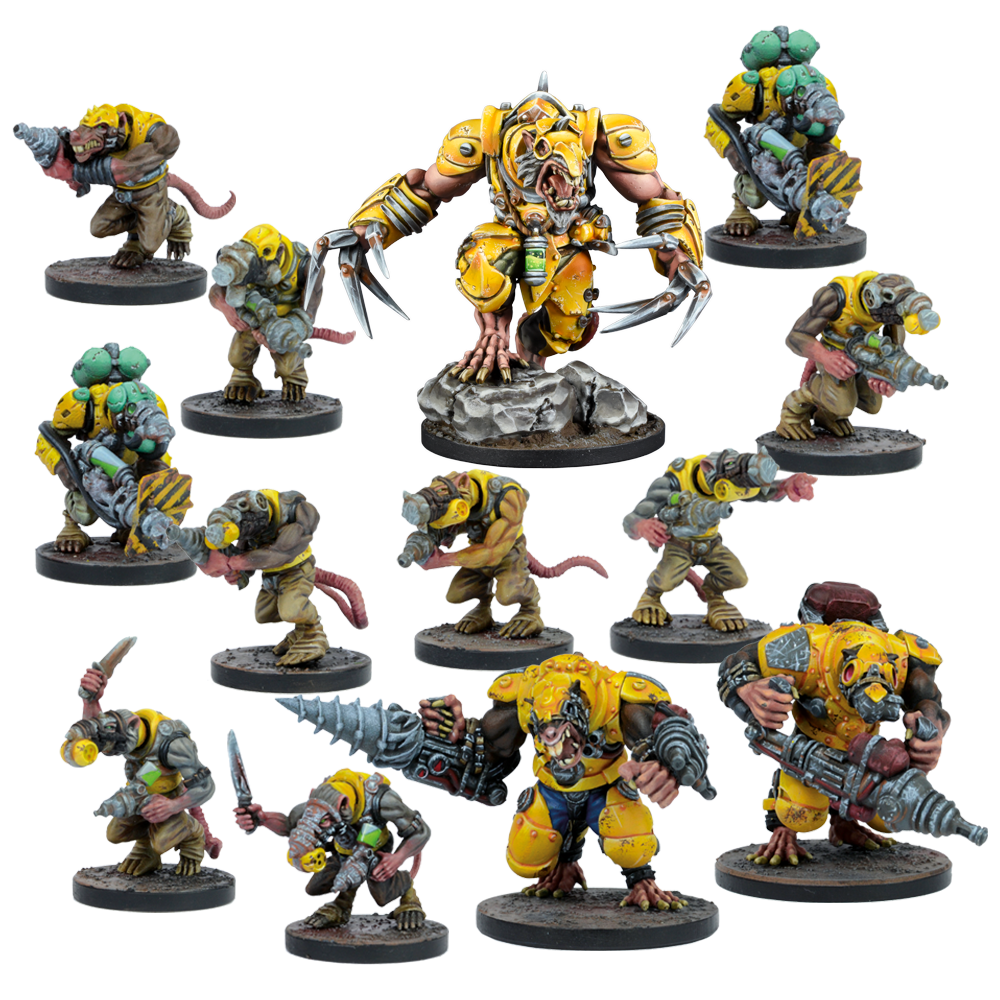 Yellow-armored rat-like miniature figures, including a large clawed creature, and smaller ones with industrial tools