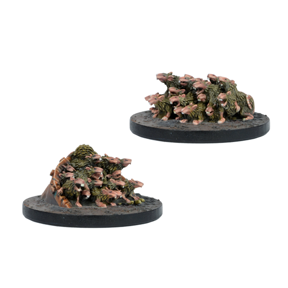 Two miniature wargame figures of a snarling, diseased rat swarm, piled on textured black bases