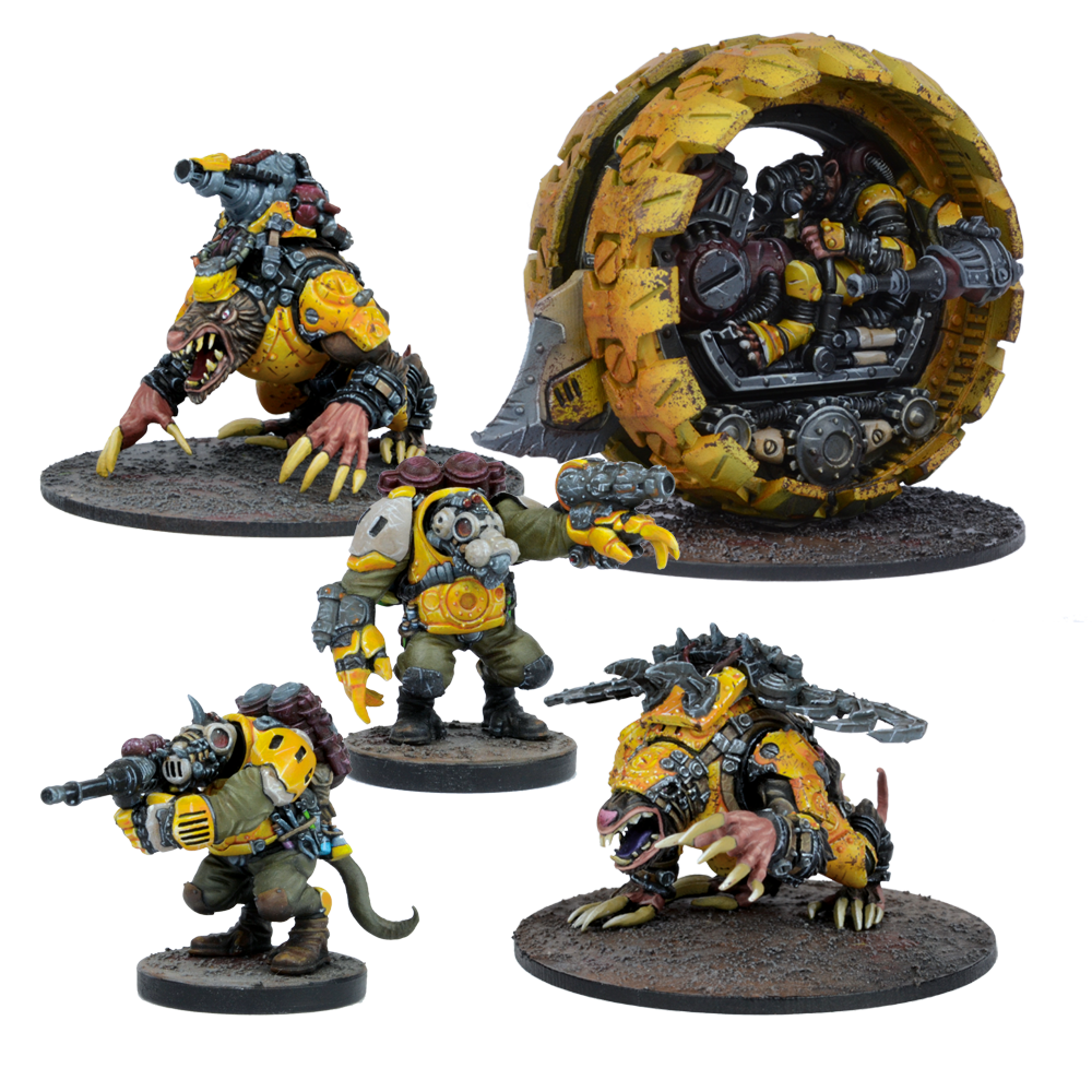 Five yellow and brown sci-fi rat-like miniatures: a wheeled vehicle, two armored beasts, and two armed humanoids