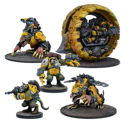 Five yellow and brown sci-fi rat-like miniatures: a wheeled vehicle, two armored beasts, and two armed humanoids