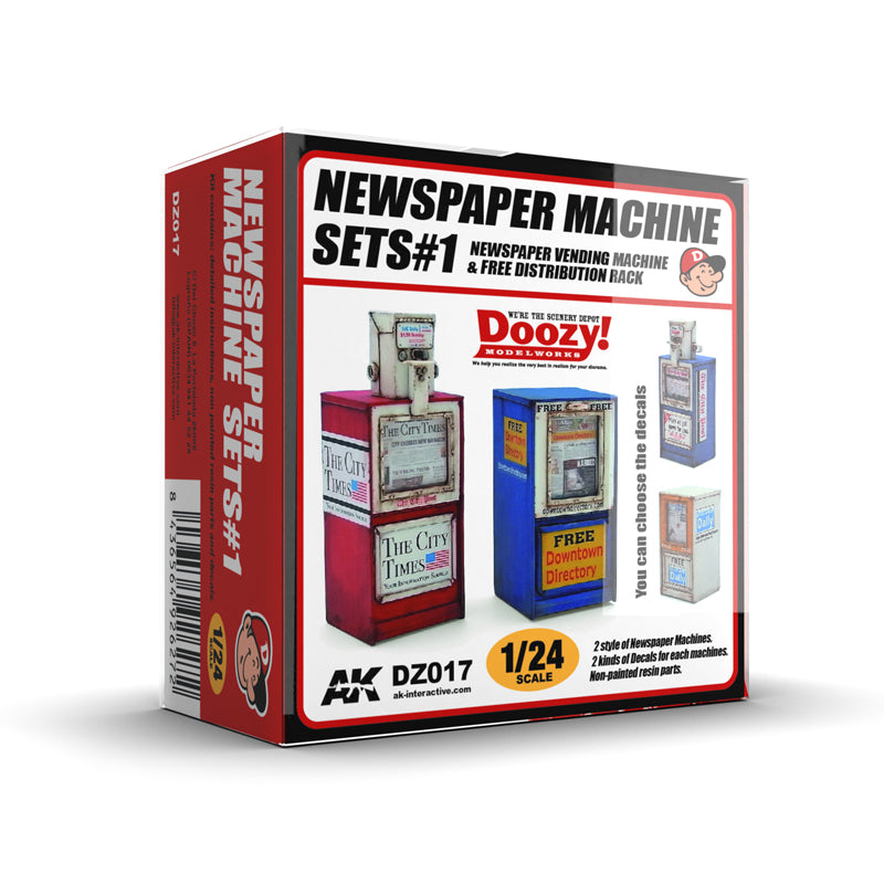 AK Interactive 'Newspaper Machine Sets #1' model kit box with red and blue 1/24 scale vending machines
