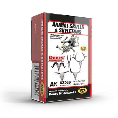 Red box for 1/24 scale 'Animal Skulls & Skeletons' model kit, showing assorted animal skulls and bone parts