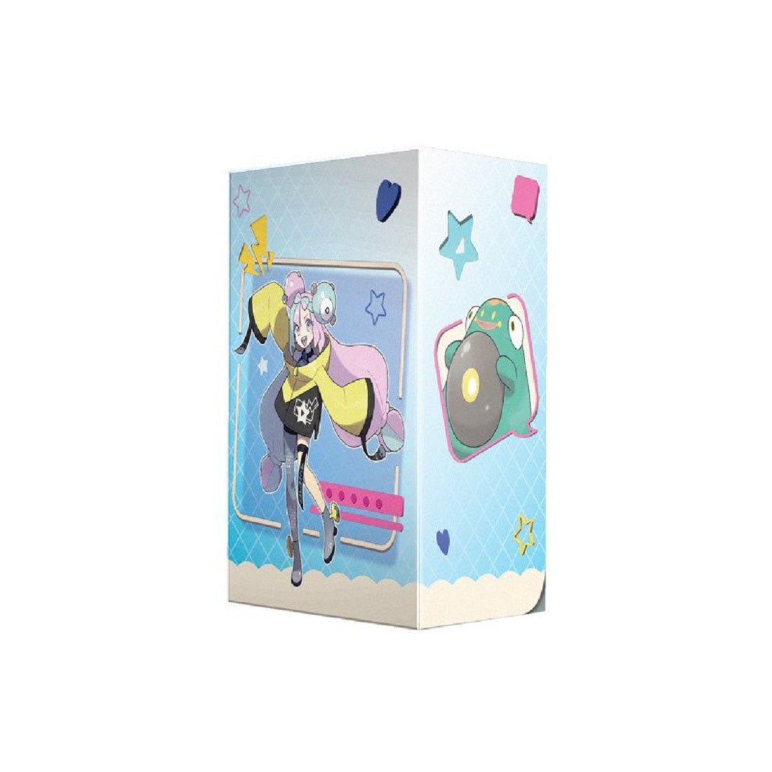 Artwork of Pokemon Gym Leader Iono and her partner Bellibolt on a light blue rectangular storage box