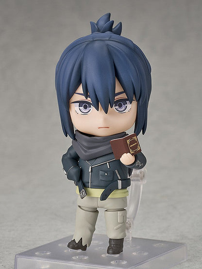 Nendoroid figure of anime boy with dark blue hair gray scarf black jacket and tan pants holding a brown book